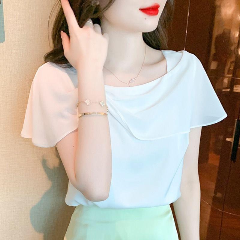 Women Clothing Summer Fashion Rhinestone Elegant Blouses Ruffles Sweet Chic Short Sleeve Shirts Female Casual Solid Fairy Tops