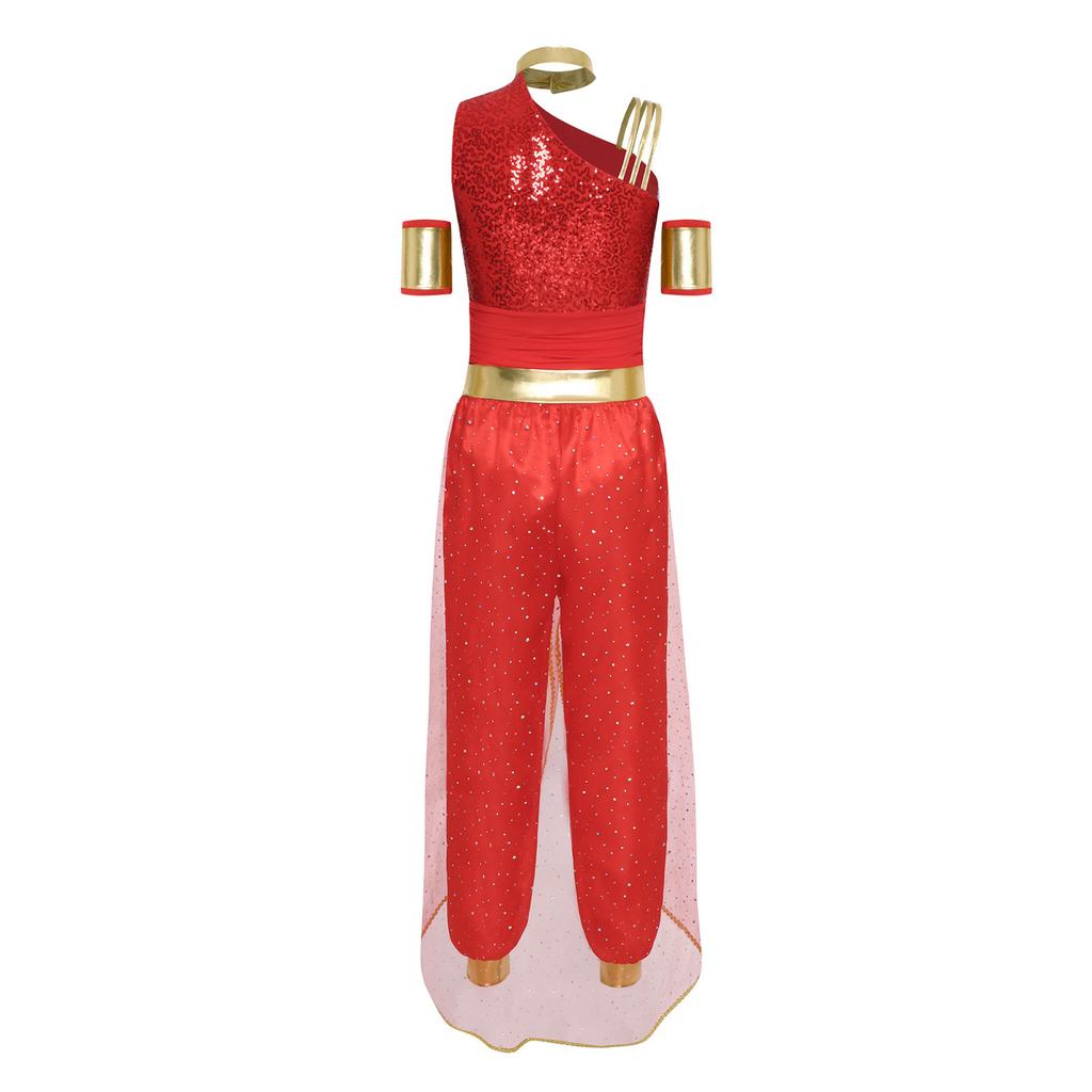Glänzender Tüll Bauchtanzkostüm für Damen Arabischer Prinzessinnenstil Edelstein Dekor Jumpsuit Halloween Party