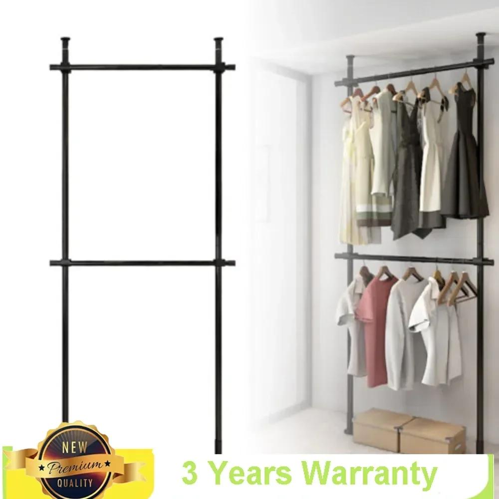 Bymaocar 2 Tiers Household Thicken Stainless Steel Poles Telescopic Drying Hanger Rack Storage Holder Adjustable Height & Length