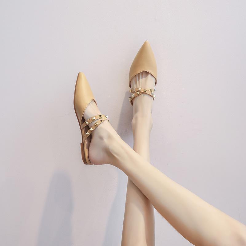 

2071-3 тапочки с заклепками фея ветер острый нос плоская подошва полузакрытый носок головной убор ins крутые тапочки прилив простые универсальные 43 хаки