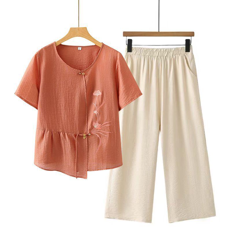 New Summer Short-Sleeve T-Shirt Set for Middle-Aged Women, Plus Size, Two-Piece Outfit, Modern Style for Mothers and Elderly Women