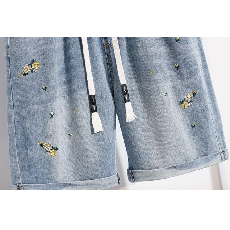 DIMANAF 2026 Summer New Plus Size Women Embroidered Floral Denim Shorts Casual Elastic Waist Short Pants Jeans
