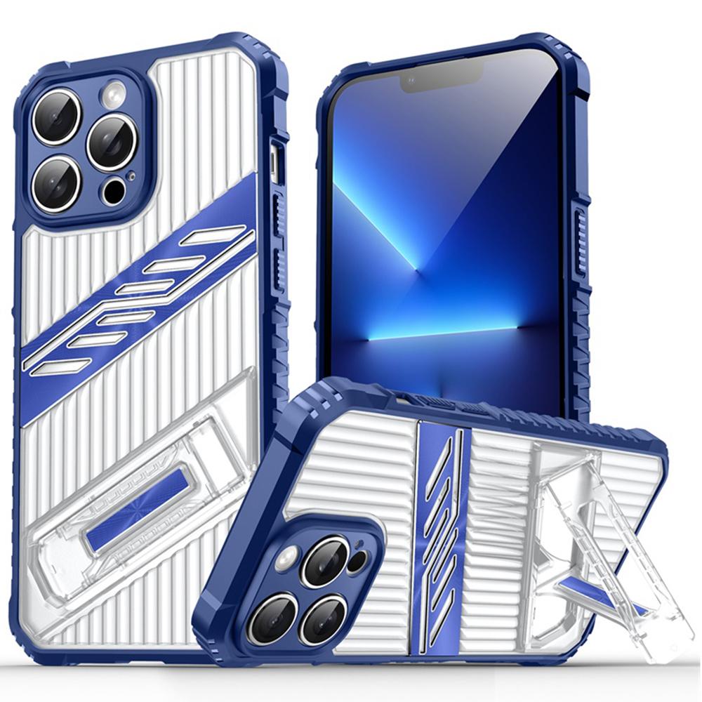 

For iPhone 13 Pro Max Case Folding Kickstand PC+TPU Anti Drop Phone Cover Navy Blue
