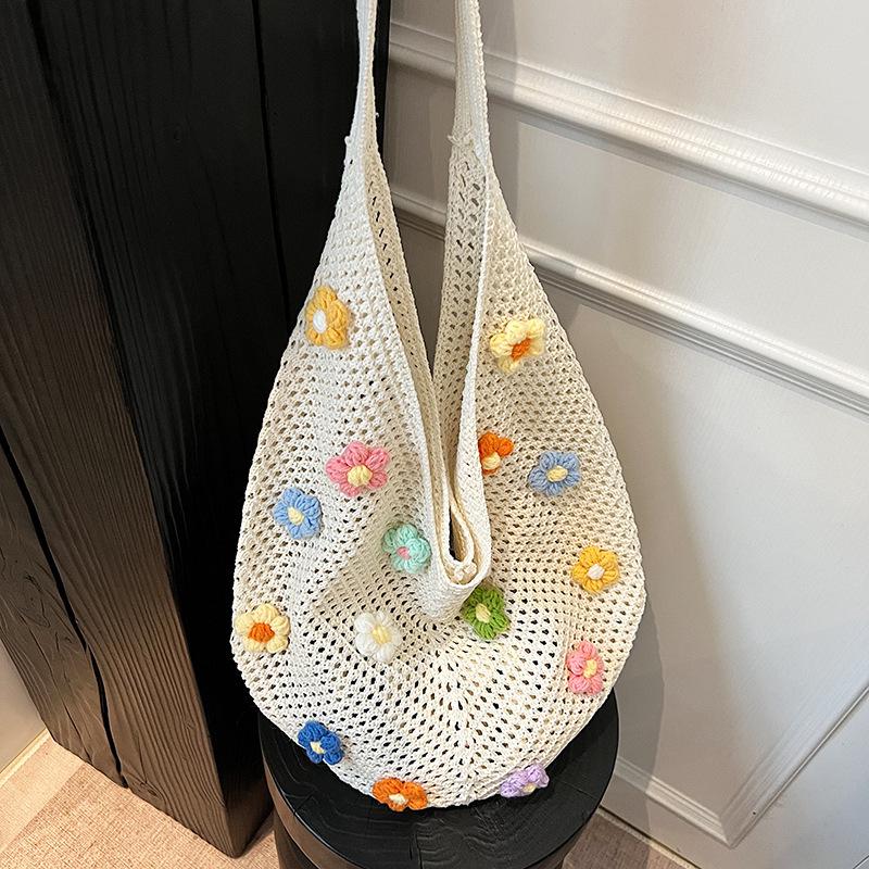 Damen Übersee Strick Blume Hohl Strand Schultertasche