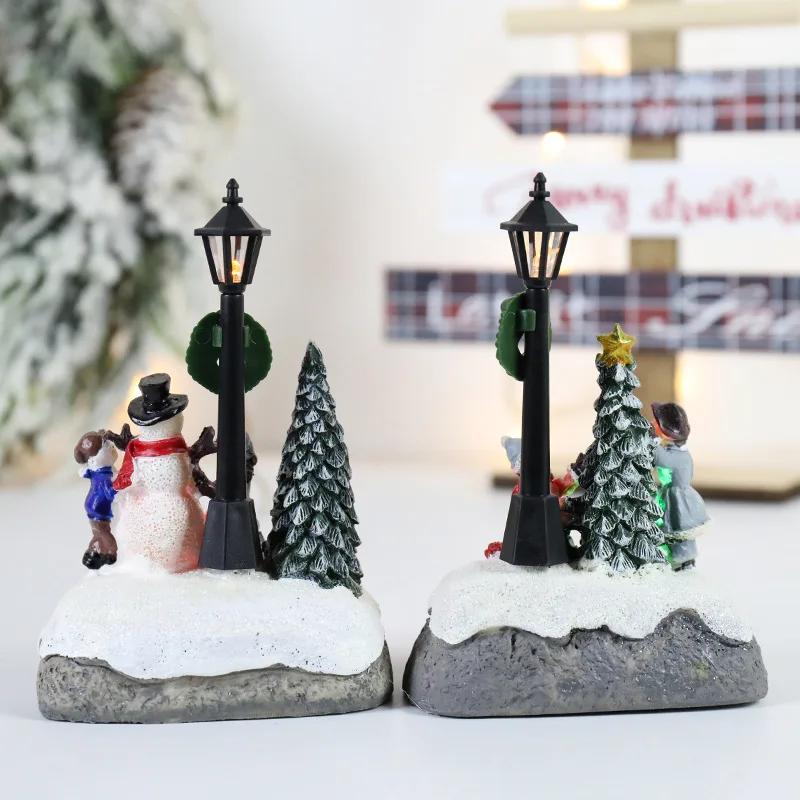 LED Resin Statue Christmas Tree Decoration Micro Landscape Resin Statue Decoration Santa Claus Pine Needle Snow Holiday Gift