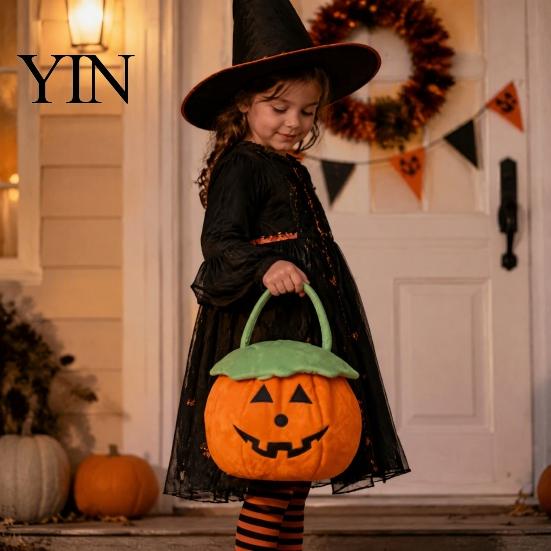 Goodie Bag Halloween Pumpkin Plush Tote Bucket, Cute Trick-or-Treat Bag, Soft Fabric Pouch Candy Basket with Handle for Kids Girls Boys Party Favors