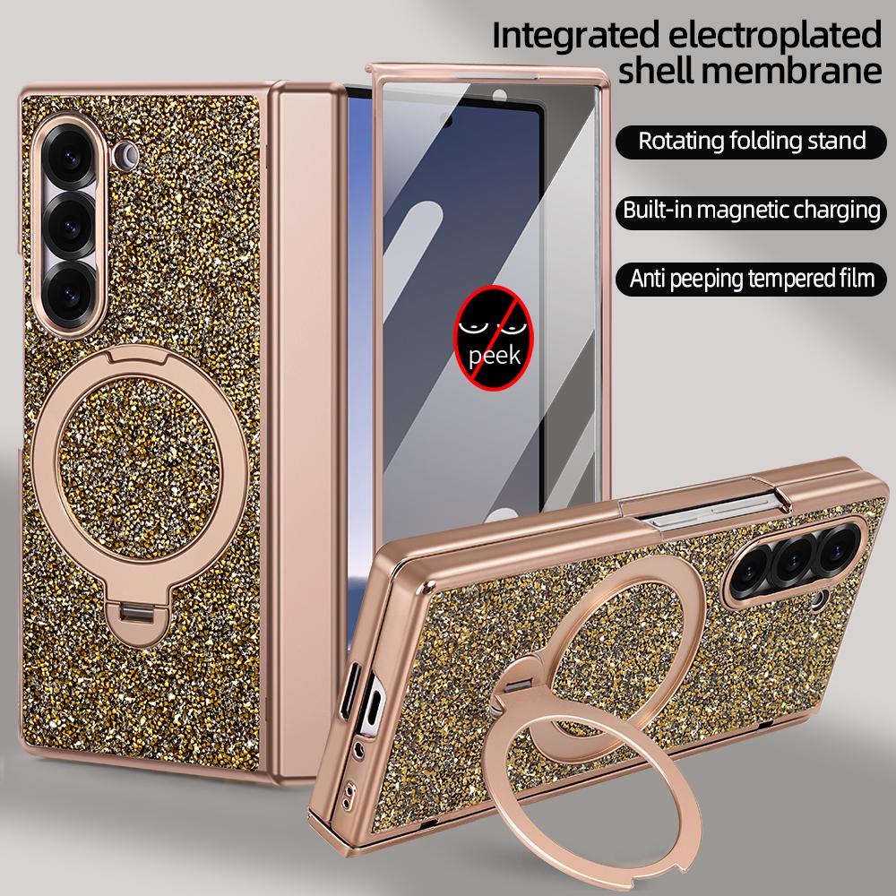 Luxury Girls Glitter Bling Faux Leather Plating Phone Case For Galaxy Z Fold 7/6 With Rotatable Holder, Anti-peeping Glass Film