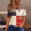 Women's Fashion Casual Independence Day Print V-Neck Short Sleeve Button-Up T-Shirt Top