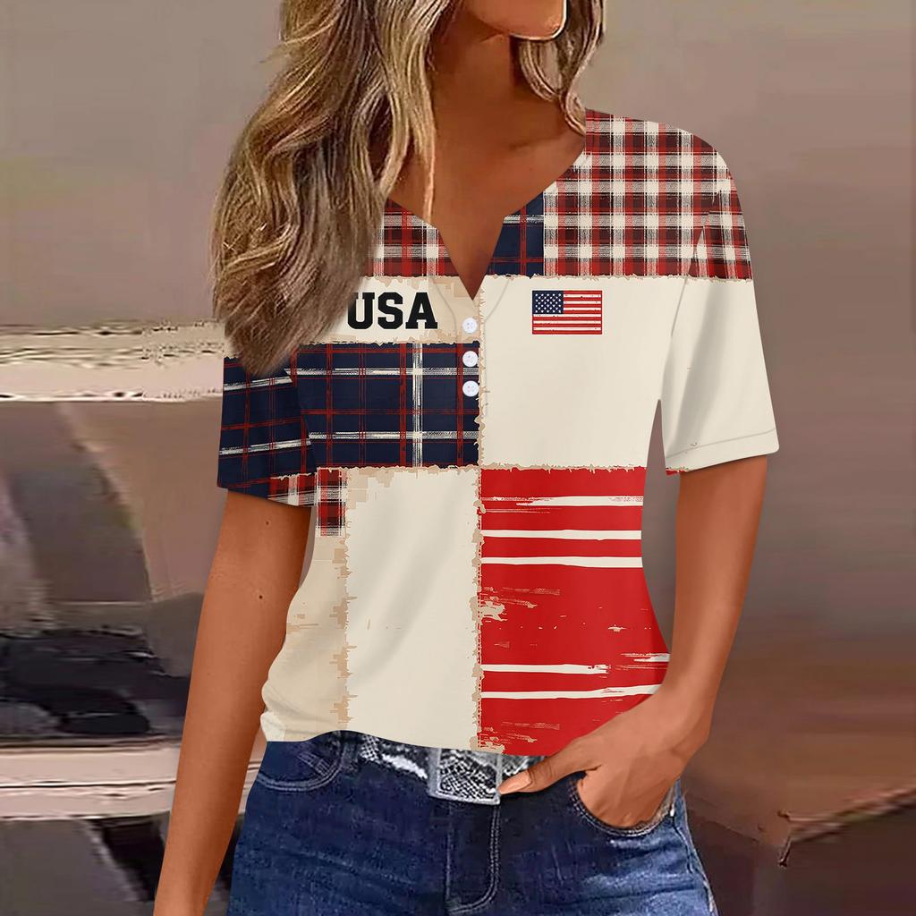 Women's Fashion Casual Independence Day Print V-Neck Short Sleeve Button-Up T-Shirt Top