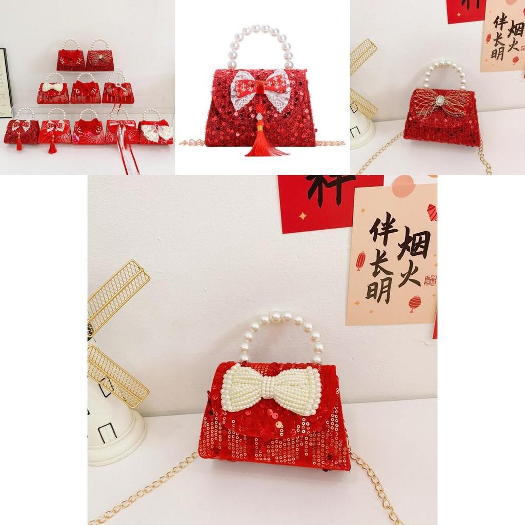 Adorable Red Shimmering Bow Pearl Children's Shoulder Bag For New Year Celebrations