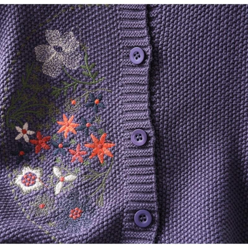 Johnature Women Vintage Embroidery Floral Sweaters O-Neck Long Sleeve Solid Color Button Knitted Autumn Sweaters