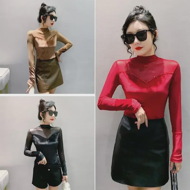 Podzimní přiléhavé tričko s korálkovou patchworkovou aplikací, polovyvýšeným límcem a dlouhým rukávem pro ženy