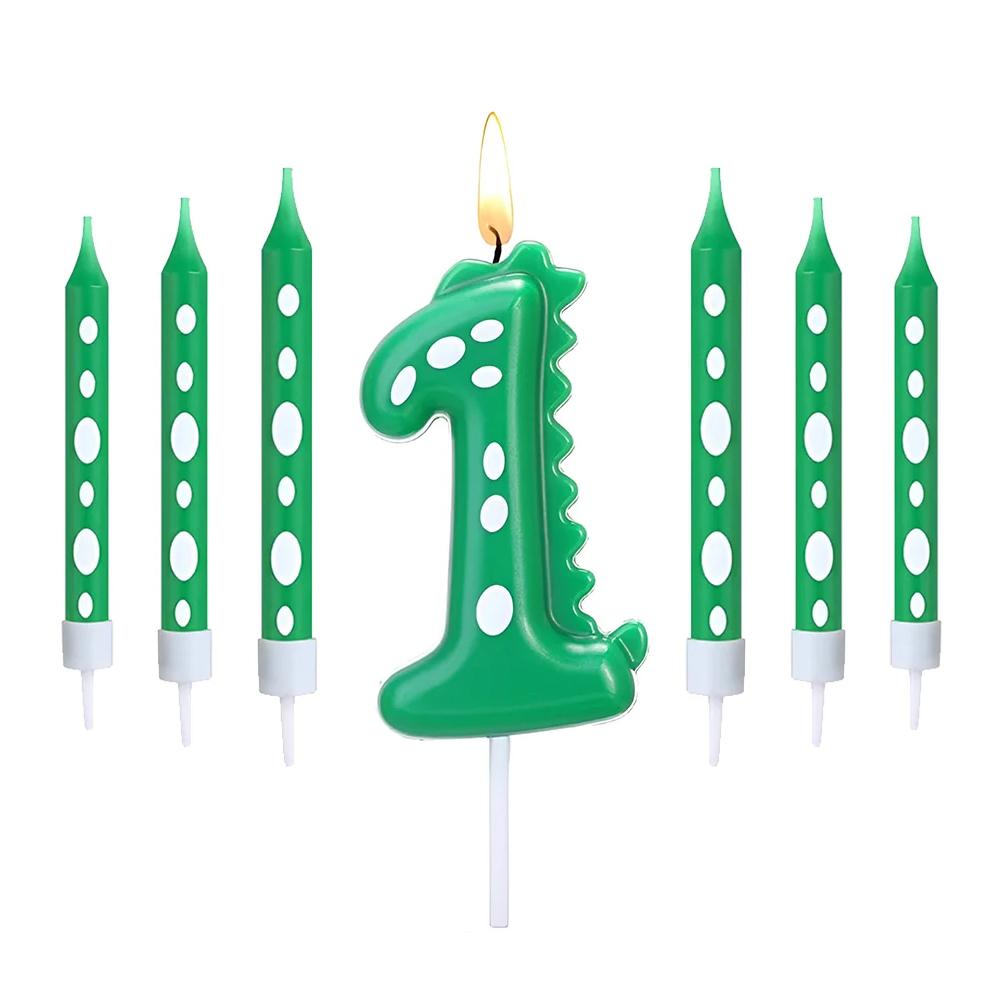 

7 шт. Свечи-цифры для дня рождения с динозаврами, 0-9 Зеленые свечи-цифры для украшения вечеринки на тему динозавров, Свечи-цифры на верхушку торта