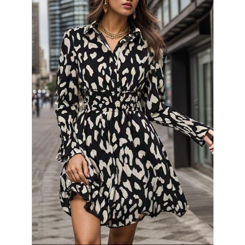 

Весенне-летний модный стиль Мода Элегантность Леопардовый принт Принт V-образный вырез Длинный рукав Большой подол Разрез Макси-платье Женская мода Image color S