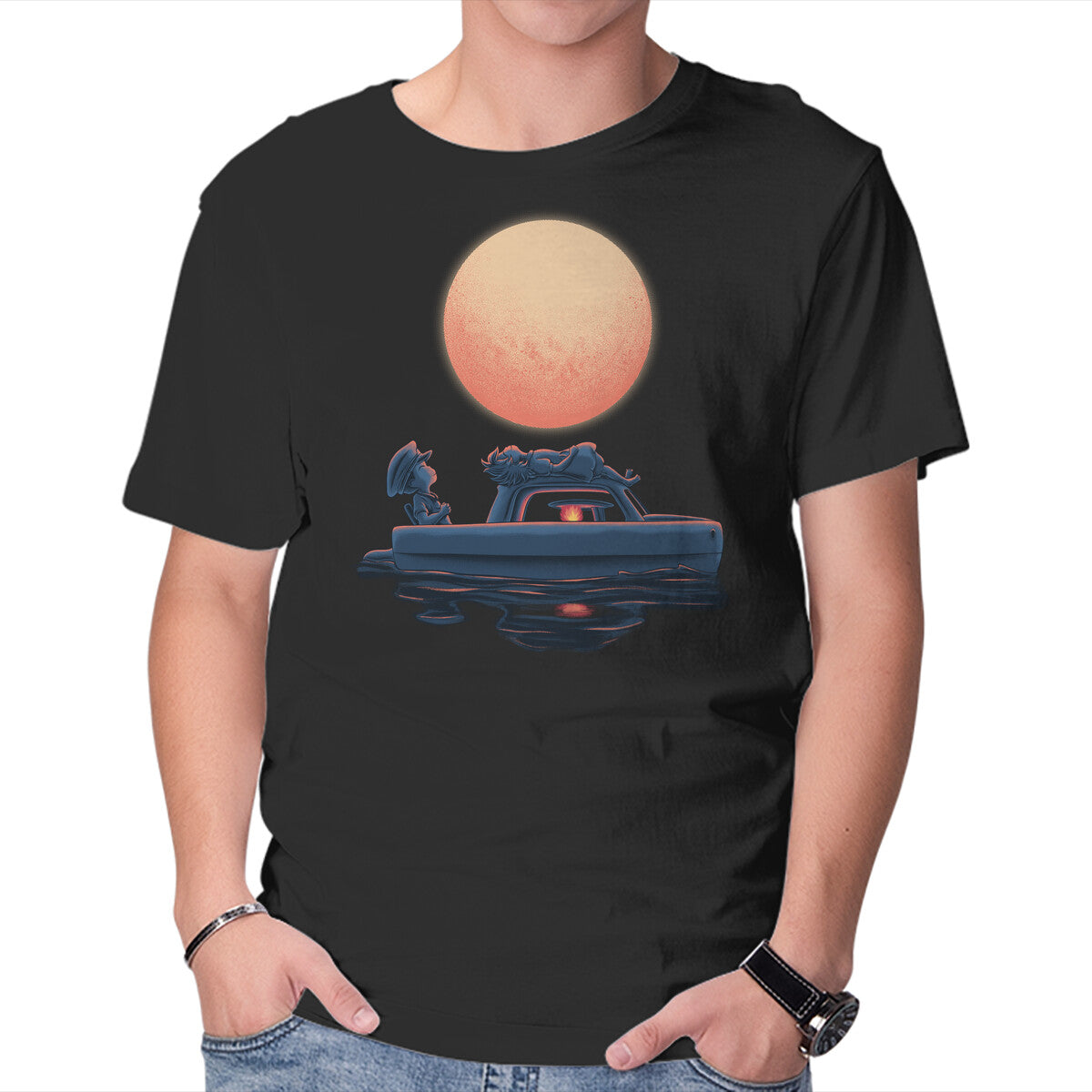 Unisex Crew Neck T-Shirt Boat Under The Moon Graphic Short Sleeve Casual Tee M