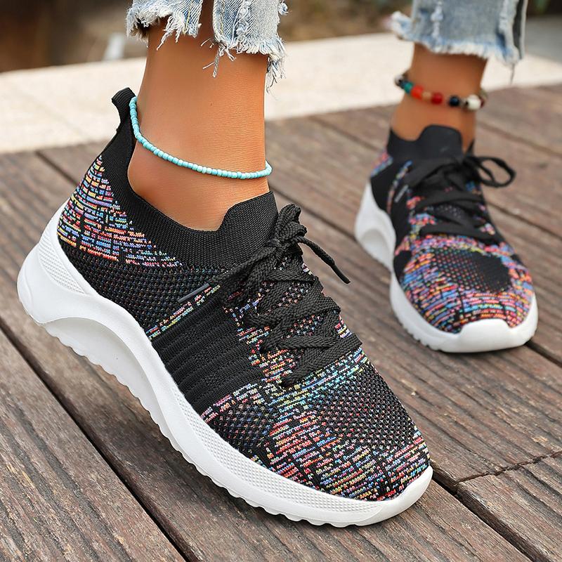 

Fashion Lightweight Breathable Knitted Sneakers Women Fashion Colorful Striped Casual Shoes Woman Comfort Non Slip Running Sports Shoes 43 чёрный