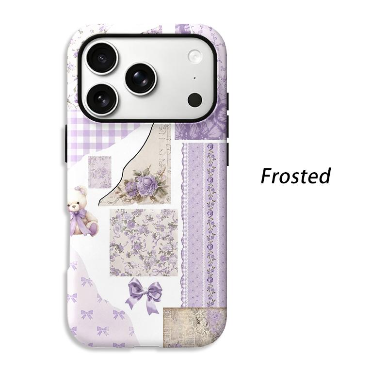 Charming Scrapbook Collage Lavender Floral Teddy Bear Ribbon Film Aesthetic Protective Shockproof Bumper Case Cover For iPhone 14 15 16 Pro Max Plus