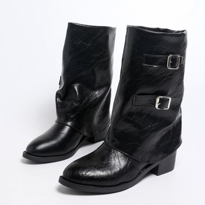 Fashion Block Heel Platform Belt Buckle Mid-leg Boots for Women's Autumn and Winter New Pointed Toe Versatile