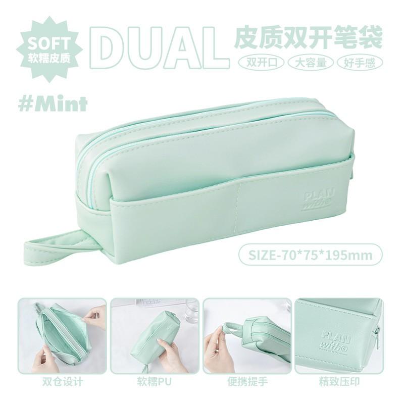 Large Capacity PU Pencil Case With Dual Zipper Compartments Water Resistant School Office Stationery Organizer