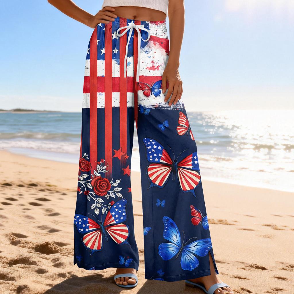 Dámské letní boho palazzo kalhoty s vysokým pasem a širokými nohavicemi, tisk, ležérní kalhoty s kapsami