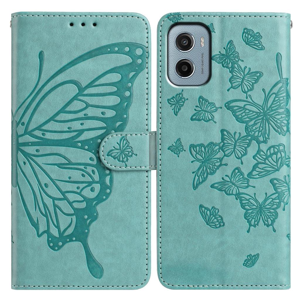 Schutzhülle mit Schmetterlingsmuster für Motorola Moto E15 4G/G05 4G: Klapphandyhülle aus PU-Leder mit Ständer und Tragegurt