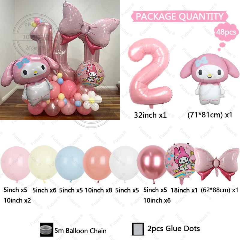 48pcs Cartoon Cute My Melody Bow Theme Foil Balloon 32 Inch Pink Number Set Children's 1-9th Birthday Party Decorative Toys