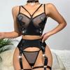 Sexy Lingerie Women Mesh See Through Cross Bra Choker 3pcs Leather Erotic Set Porn Costume Nightwear