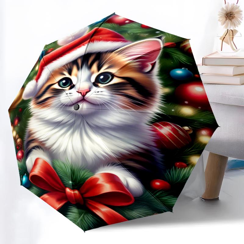 1 pièce Parapluie Automatique Robuste à 8 Baleines, Parapluie Chat de Noël, Impression Numérique, Parapluie Pliable pour Utilisation Extérieure en Déplacement