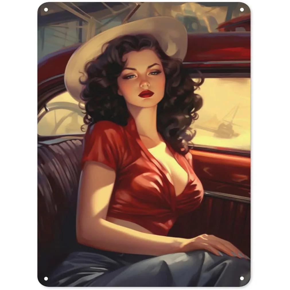Metall Blechschilder Pinup Auto Mädchen Wanddekoration Plakette Vintage Kunst Poster Eisenmalerei für Man Cave Zuhause Café Garage Club Bar