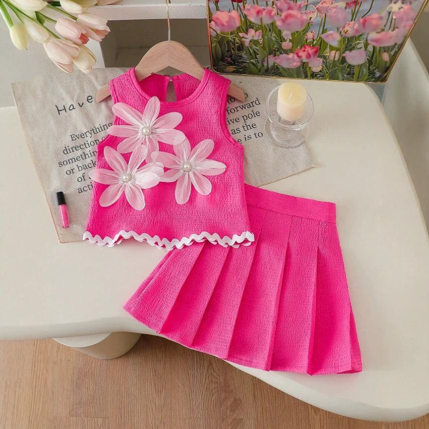 Spring-Summer Girls Rose Red Flower Sleeveless Top & Pleated Skirt Set 4Y