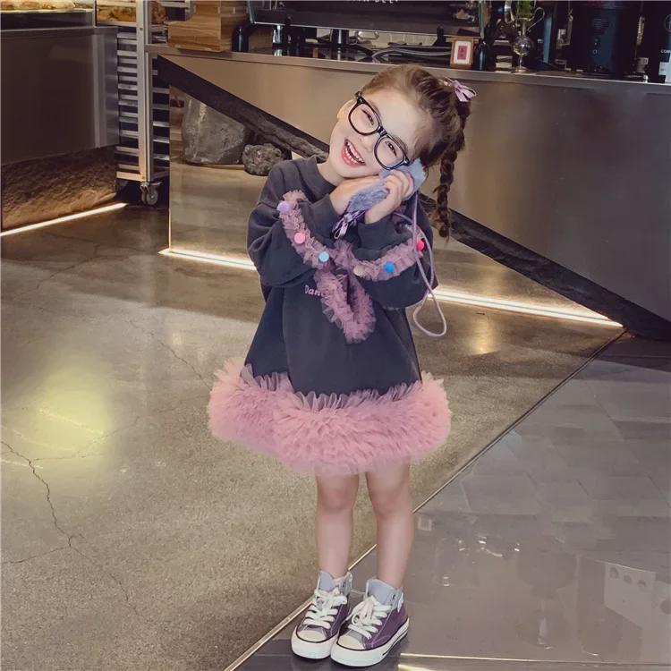 Autumn 2024 Casual Sweater Mesh Princess Dress for Little Girls