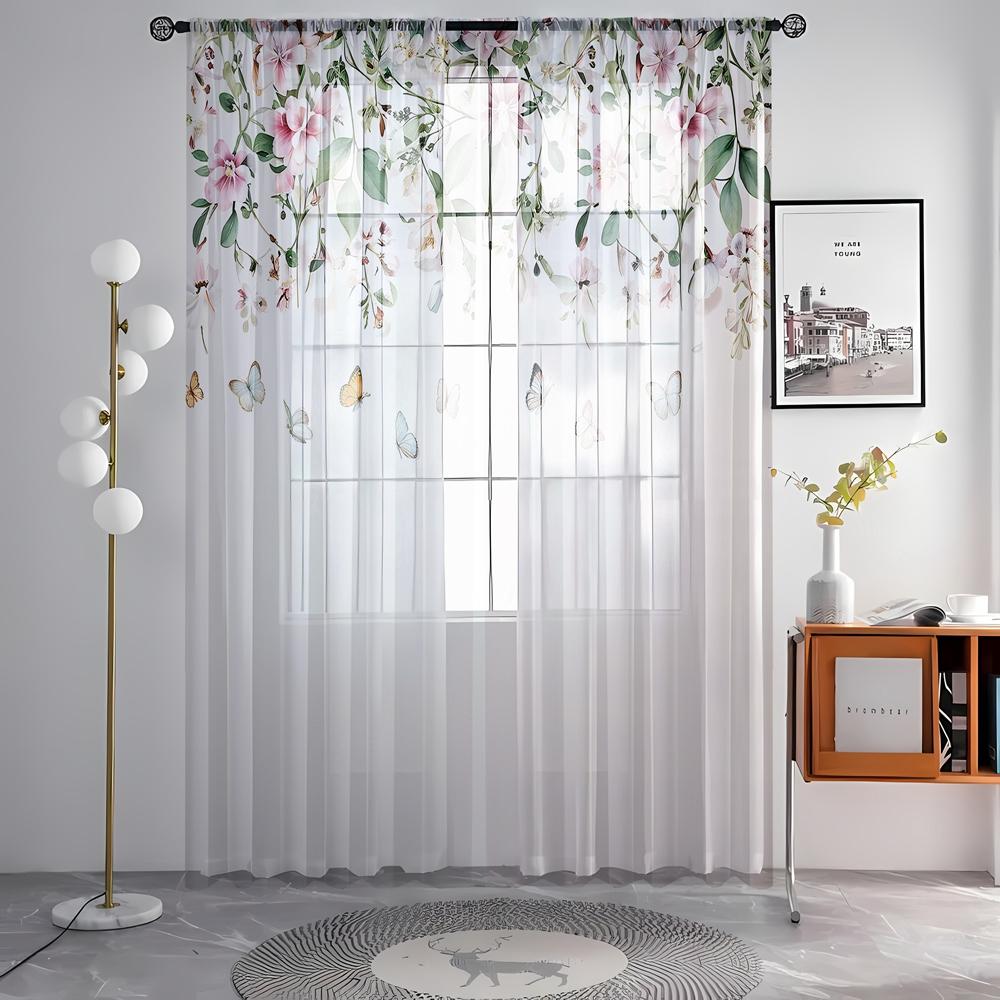 2 kusy HD digitální jednoduché motýlí květinové tištěné záclony domácí dekorace styl dekorativní obývací pokoj ložnice tyčové záclony