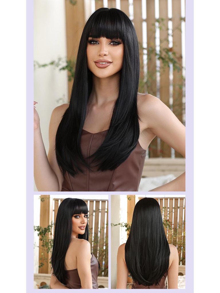 Perruque brune longue et lisse avec frange: Ensemble de tête complète de style européen et américain, à la mode et naturel
