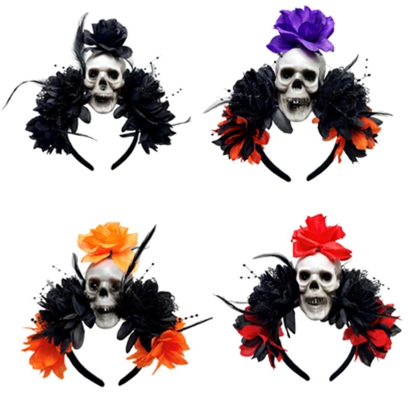 Halloween Party Skull Headpiece With Punk Flower Decors Comfortable Hairband For Adult Costume Event Gathering Headwear