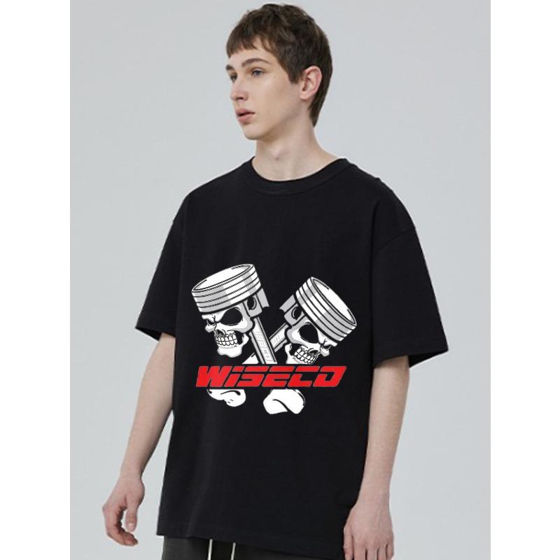 Men's Oversized T-Shirt Black WISECO Piston Skull Graphic Print Streetwear Casual Wear