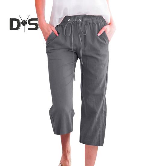 

Женские летние брюки, спортивные штаны, однотонные, прямые, с мягкой эластичной резинкой на талии, брюки до середины икры, укороченные брюки L темно-серого