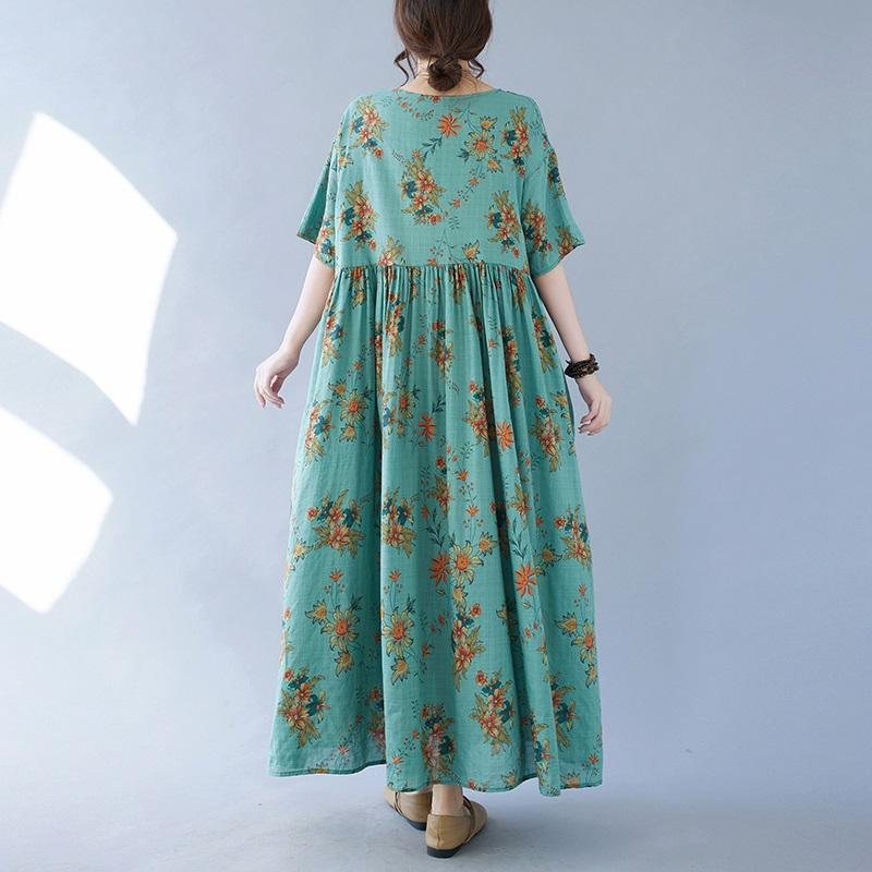 Short Sleeve Plus Size Cotton Vintage Floral New In Dresses for Women Casual Loose Long Summer Dress