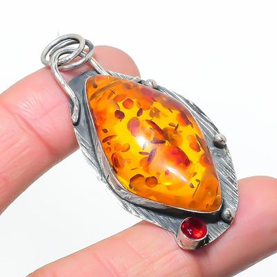 Natural Baltic Amber, Garnet 925 Sterling Silver Jewelry Pendant 2.36" AP-14572