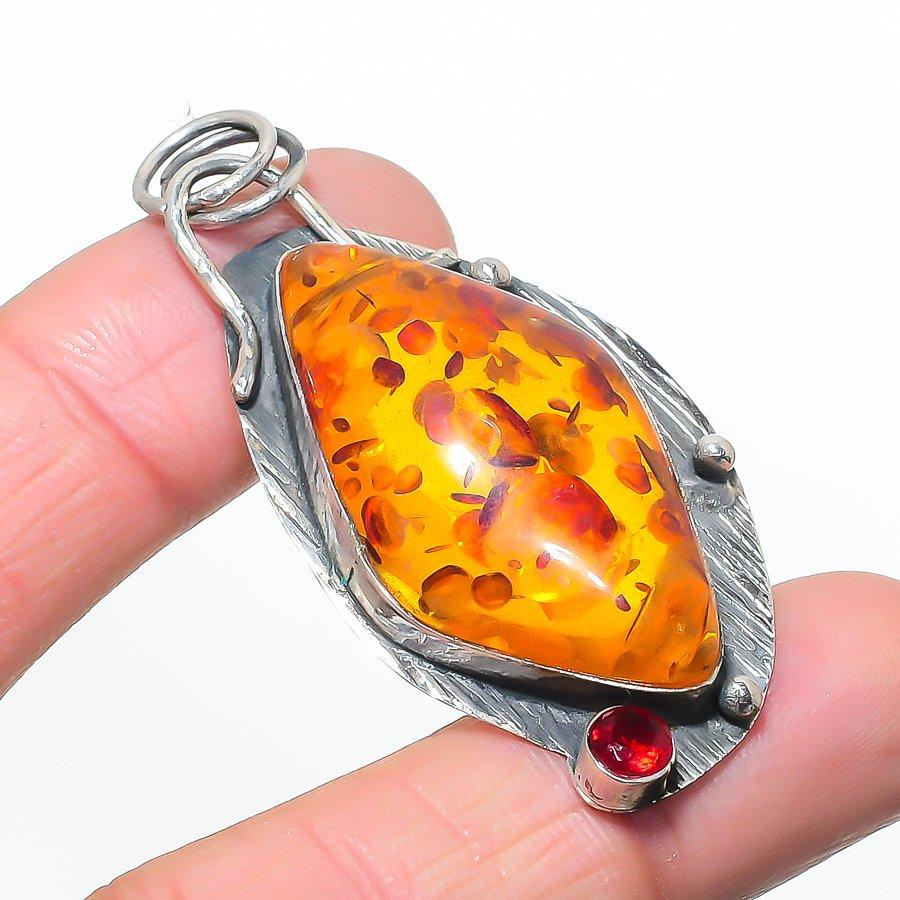 Natural Baltic Amber, Garnet 925 Sterling Silver Jewelry Pendant 2.36 AP-14572