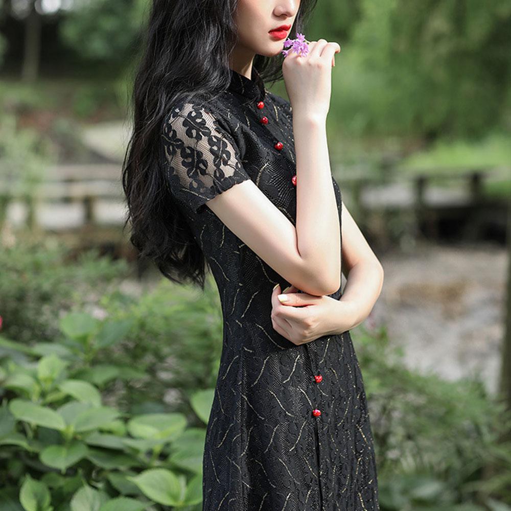 Krajka Středně dlouhá Denní Cheongsam Upravený Nízký výstřih Slim Fit Velká čínská velikost Šaty Ao Dai