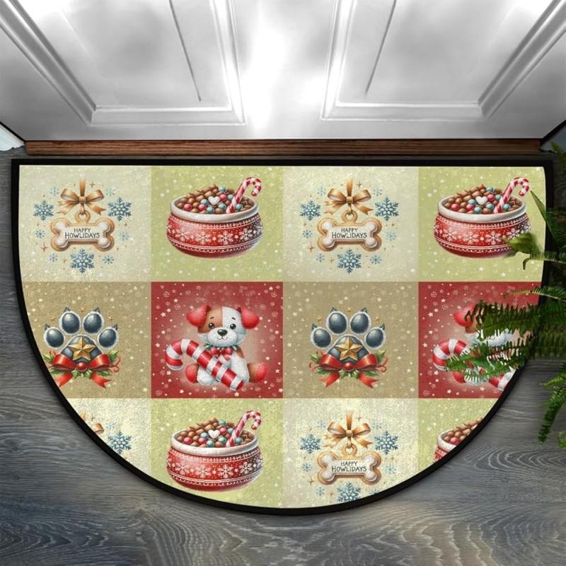 Welcome Door Mat Half Round Christmas Red Felt NonSlip Rug for Front Entrance Merry Christmas Lettering Tree Holiday Decor