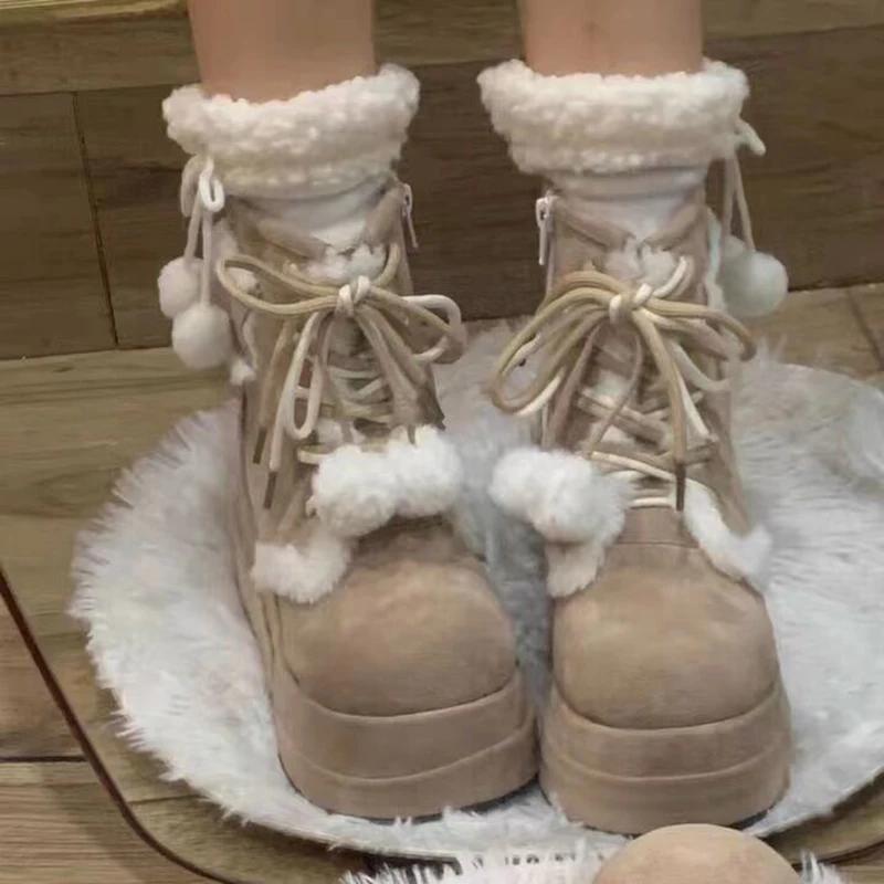 Platformový podpatek Dámské teplé plyšové sněhule Módní křížové vázání Krátké kotníkové boty Zimní stručné Dámské bavlněné boty