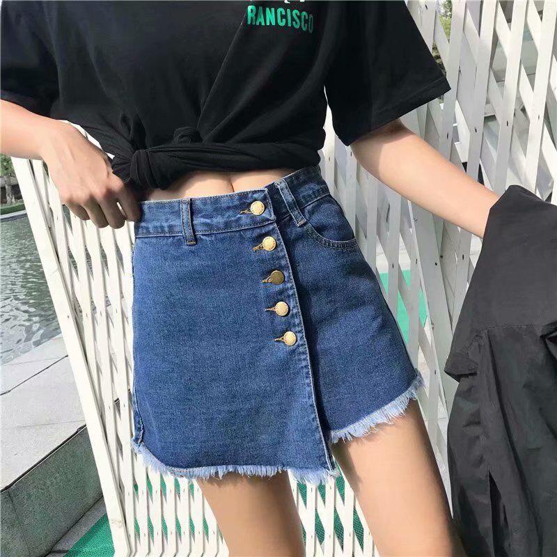 

Plus Size Korean Style High-Waisted Denim Shorts for Women - Irregular Loose A-Line Wide-Leg Skirt Pants M синий