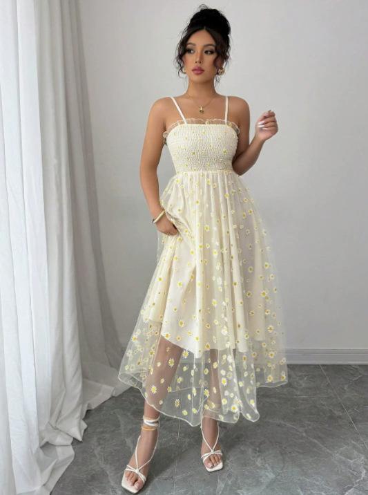 European and American style small wrinkle chrysanthemum printing mesh yarn, tube top sling, French retro medium and long dress