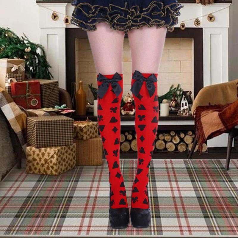 Sweet Bowknot Accent Thigh High Long Socks for Women Halloween Cosplay Parties Fishnet Striped Thigh High Stockings