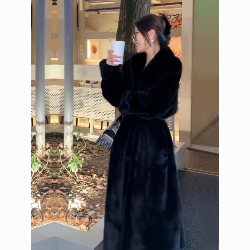 Winter neuer Damenmantel aus Imitat-Nerzfell, grün, mit Fruchtkragen, verlängert bis zum Knie, verdickt, modisch