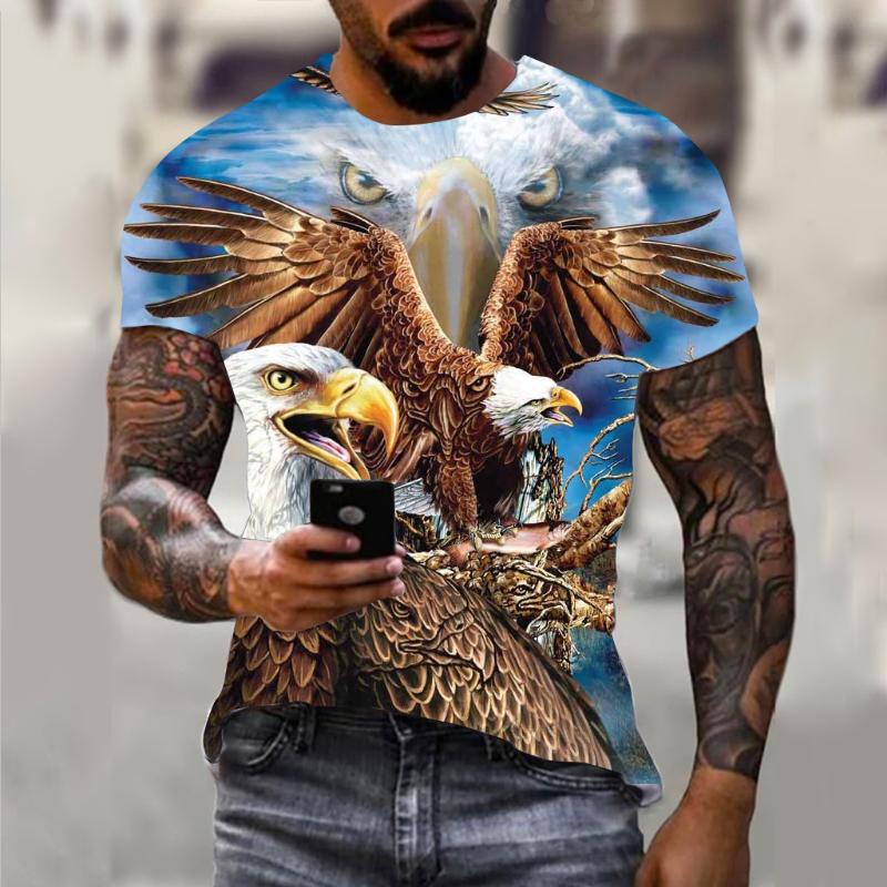 Harajuku Men's T-shirt Hip Hop Trend Street Casual Round Neck Short Sleeve Loose Top Fun 3D Animal Eagle Print T-shirt
