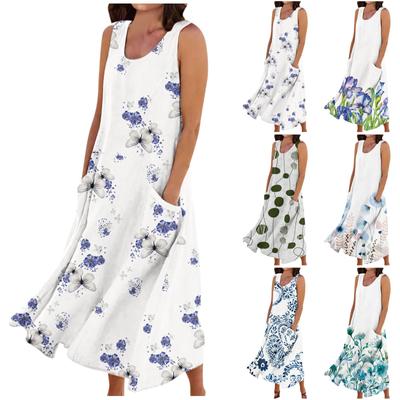 Women's Summer Casual Round Neck Printed Sleeveless Dress With Pockets