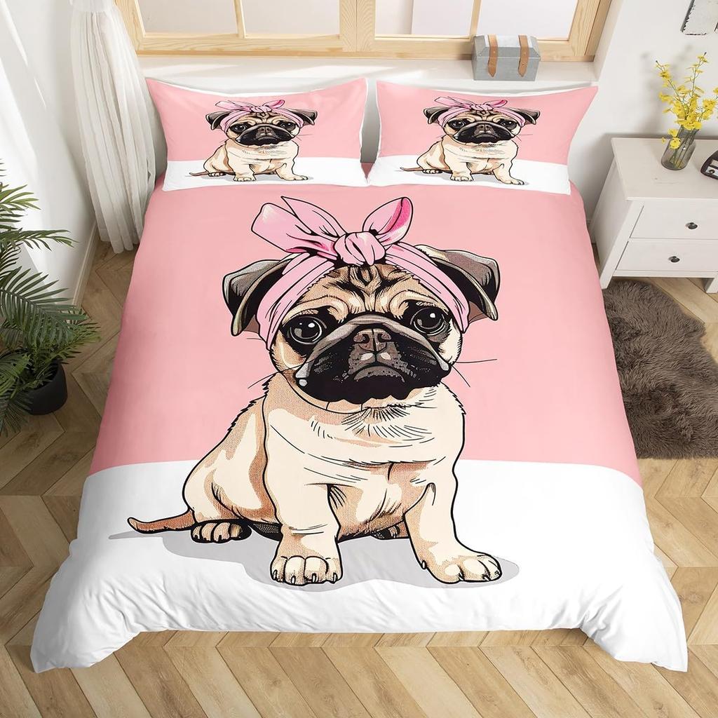 Pet Dog Duvet Cover for Kids Teen Boys Lovely Animal Theme Bedding Set Full Cute Pug Dog Print Comforter Cover with 2 Pillowcase