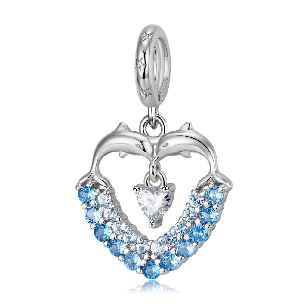 Genuine 925 Sterling Silver Blue Sea World Shark Embrace Love Heart Dolphin Collection Charms Love Pendant Fit for Charm Bracelet Beads